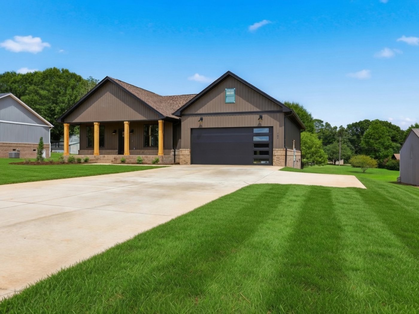 Completed mocha-brown craftsman ranch with cedar porch posts, stone skirt, and a wide finished driveway over a striped lawn
