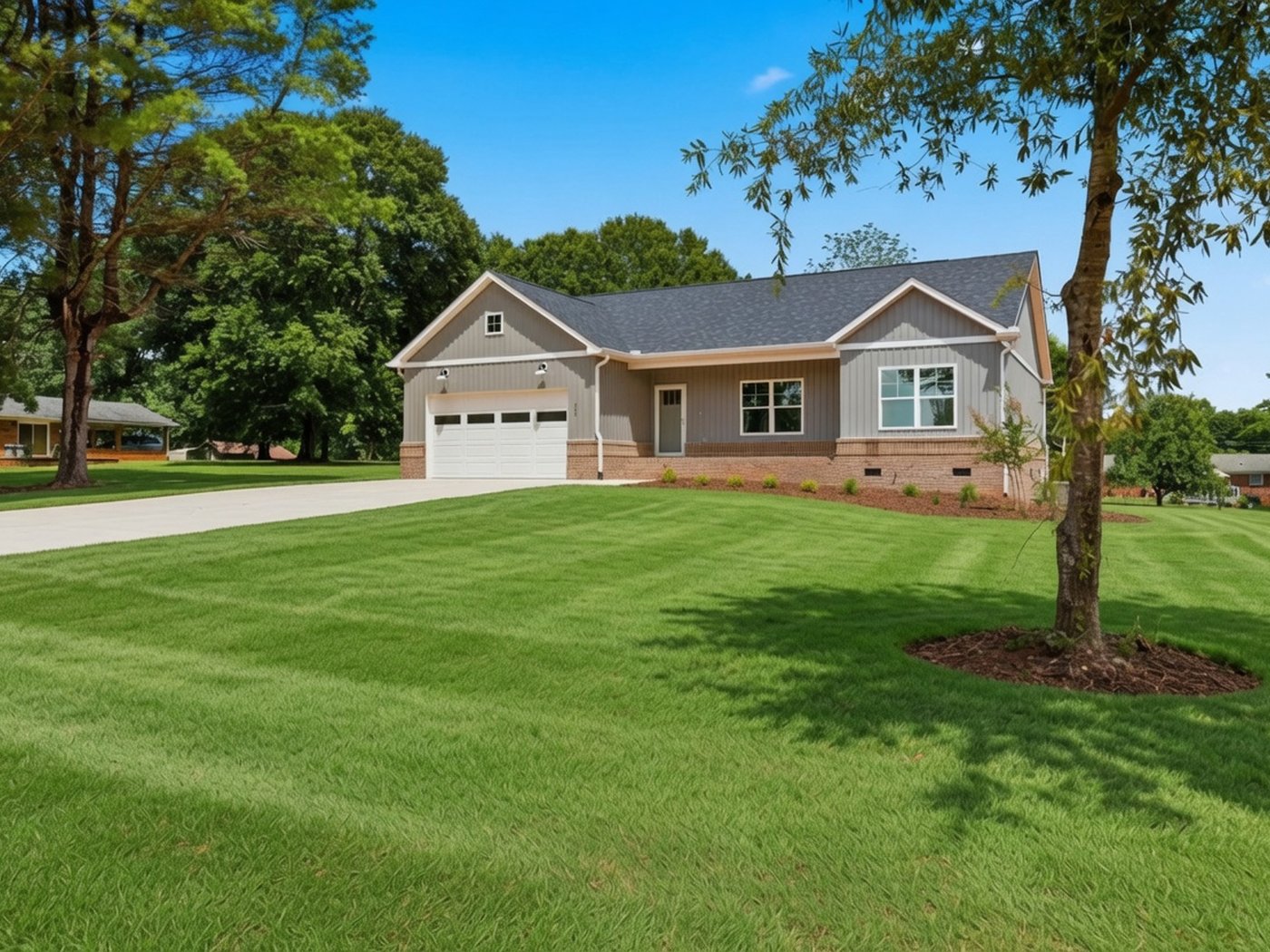 Completed light-gray board-and-batten ranch with white garage door, brick skirt, and a lush landscaped front yard